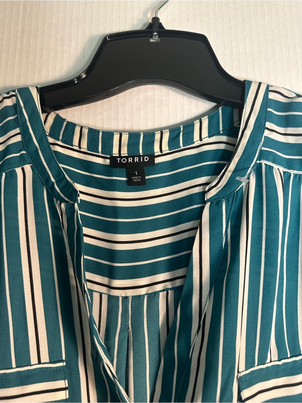 torrid teal and white vertical striped split-neck blouse